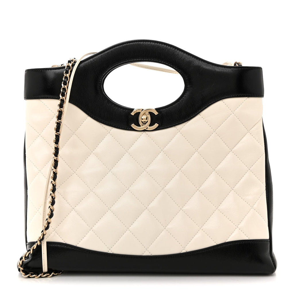 Chanel Patent Calfskin Quilted Mini 31 Shopping Bag White Black