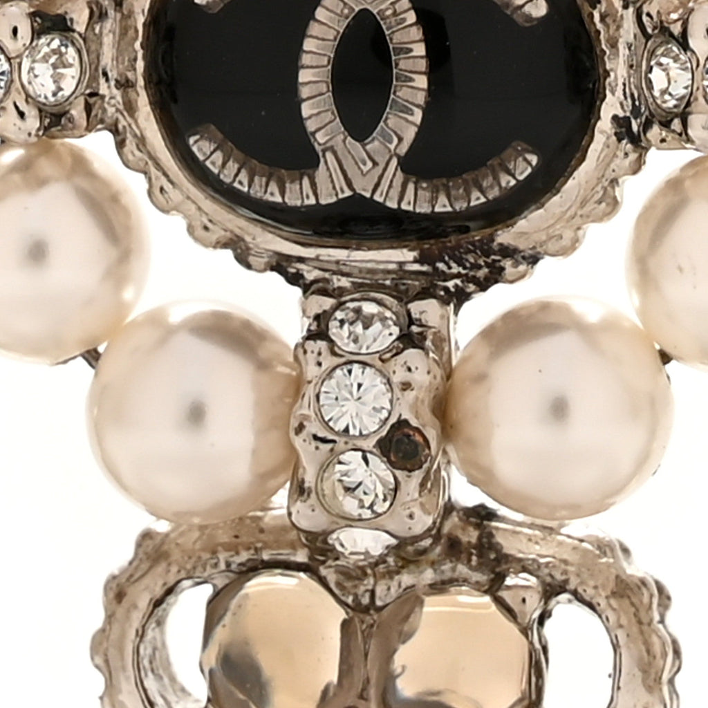 Gripoix Poured Glass Crystal Pearl Brooch Black Silver