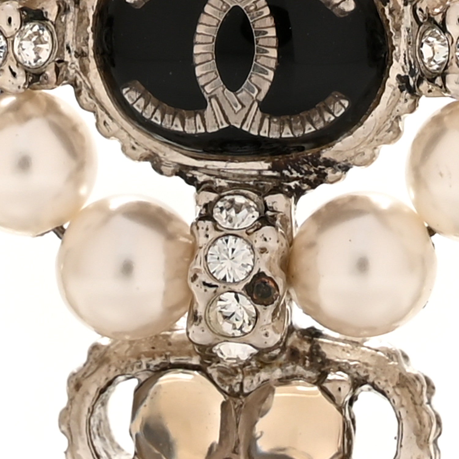 Gripoix Poured Glass Crystal Pearl Brooch Black Silver