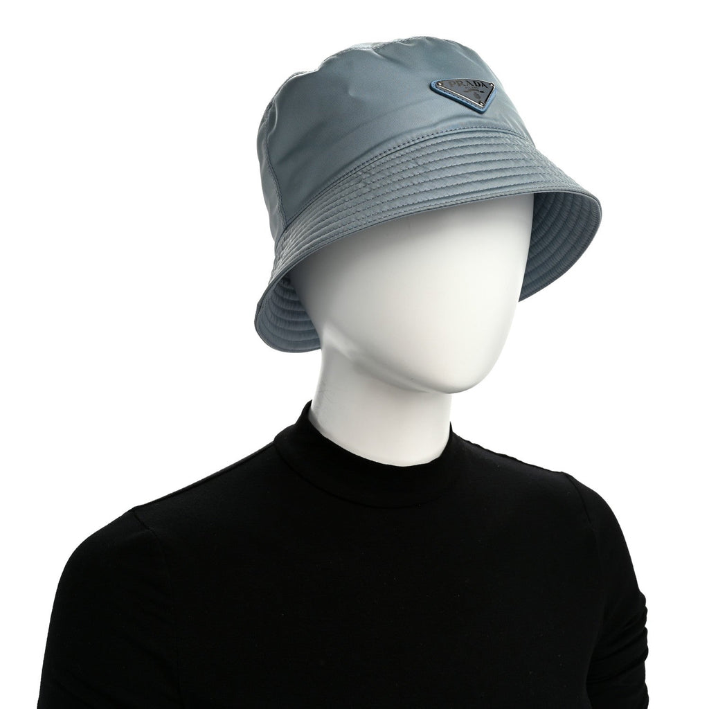 Prada Re-Nylon Metal Triangle Logo Womens Bucket Hat M Celeste