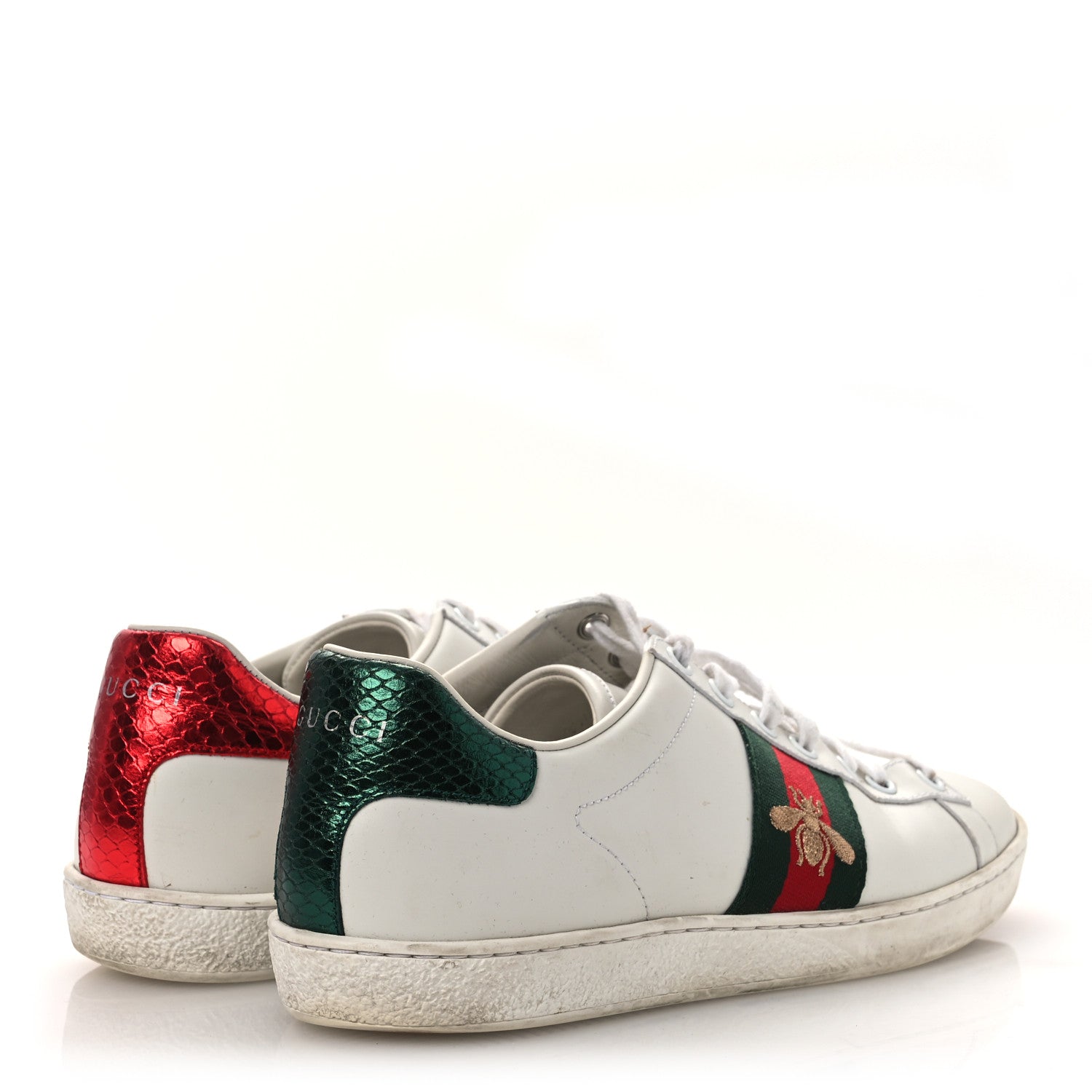 Gucci Calfskin Ayers Bee Embroidered Womens Ace Sneakers 38 White Green