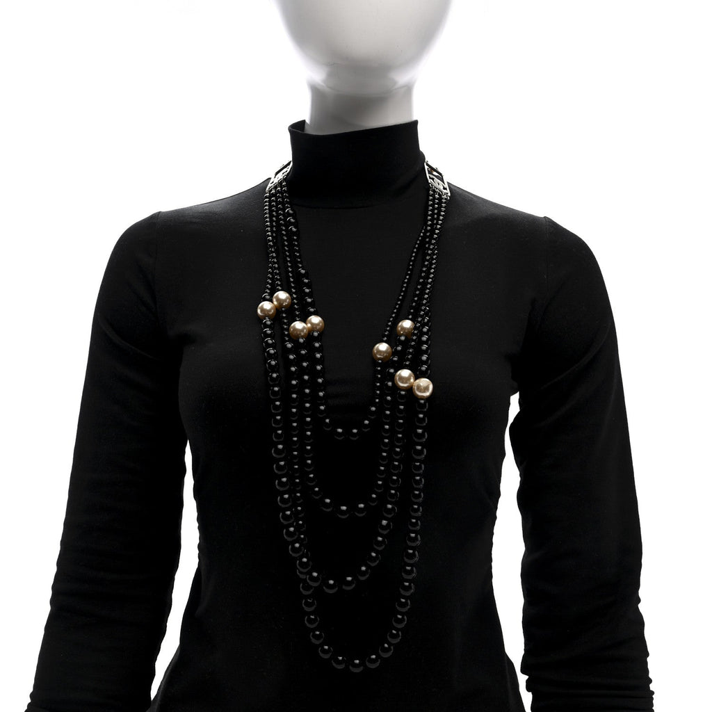Ruthenium Resin Graduated Beaded Pearl CC Multi Strand Long Necklace Black