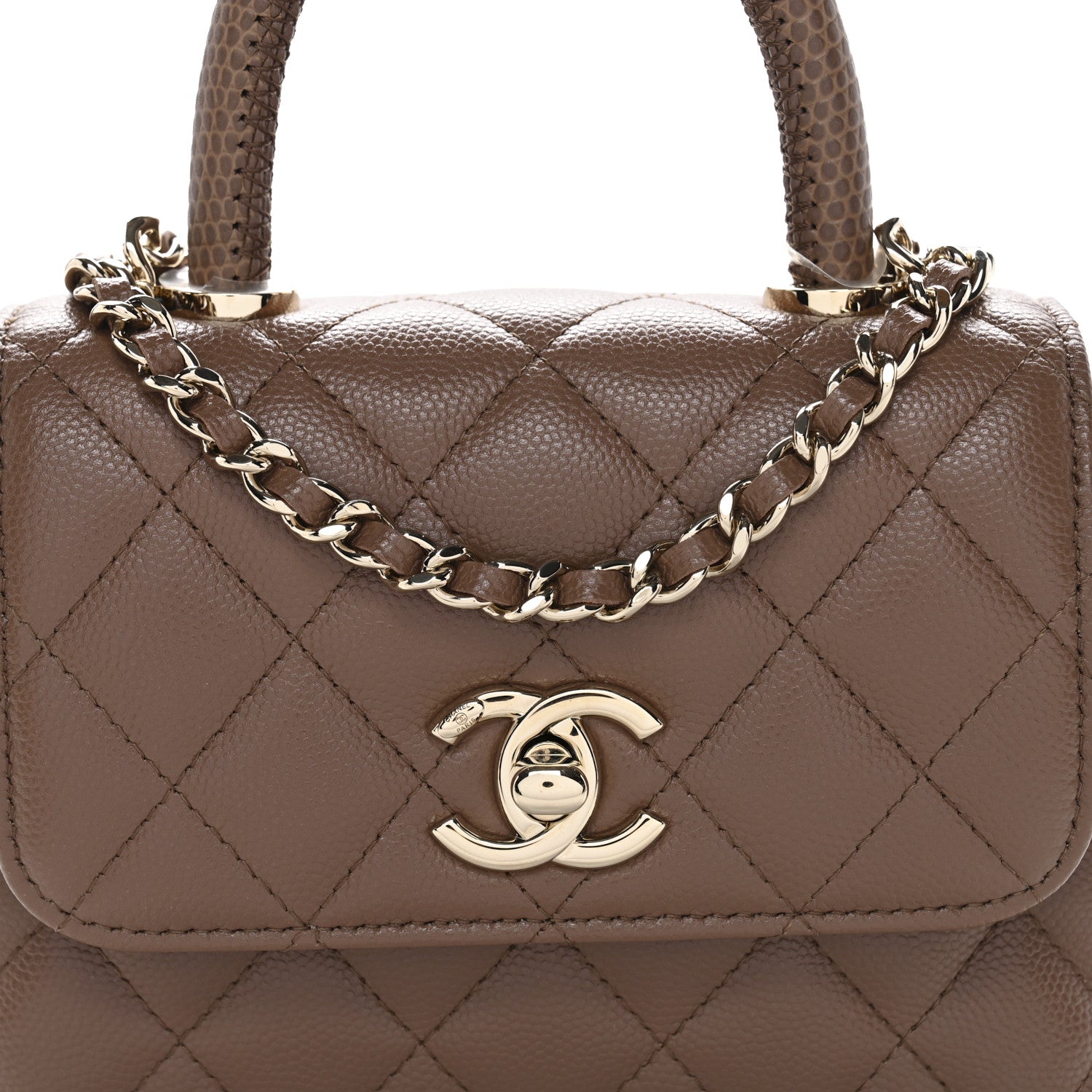 Chanel Caviar Lizard Embossed Quilted Coco Handle Clutch With Chain Brown