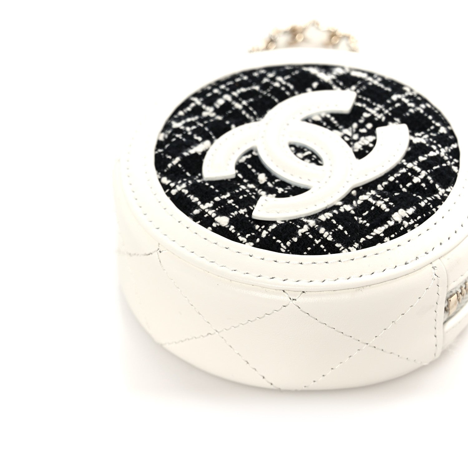 Chanel Tweed Quilted Round Filigree Pouch With Chain White Black