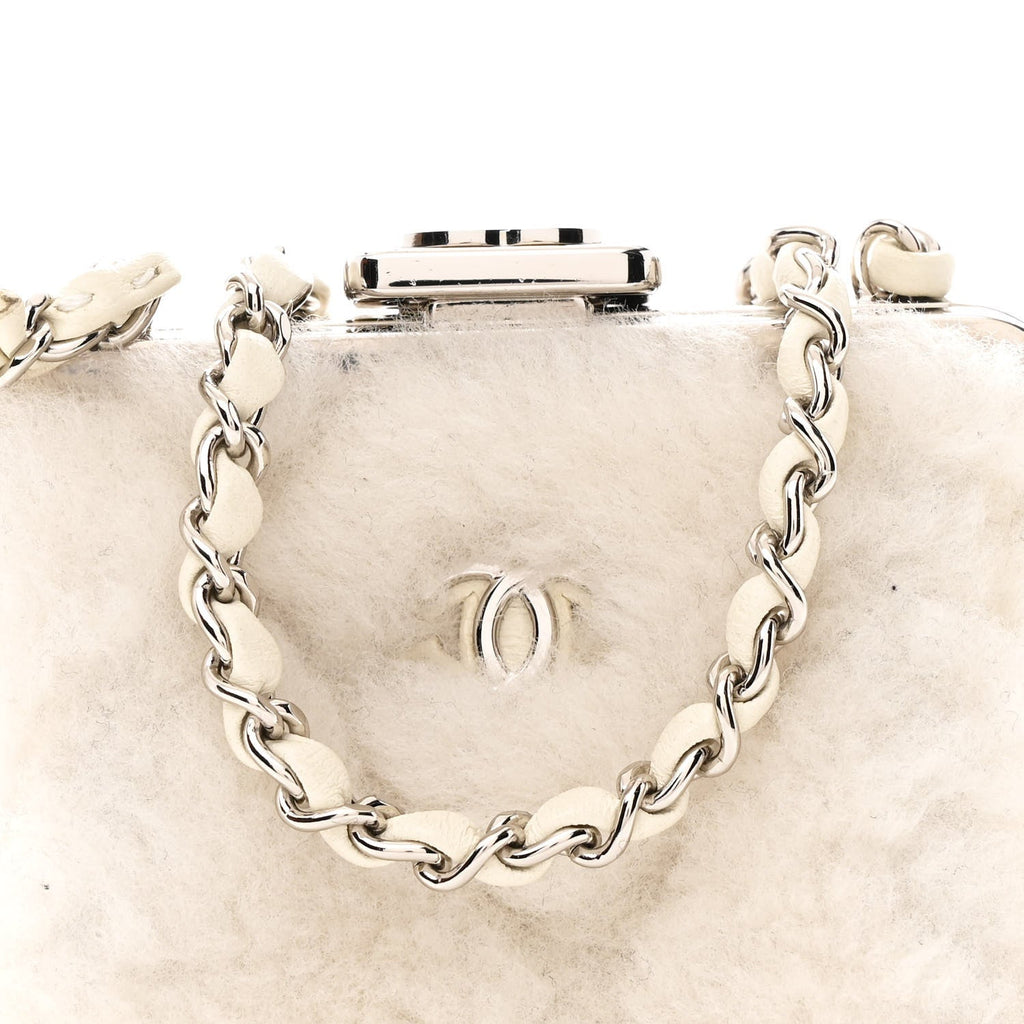 Chanel Shearling Sheepskin Lambskin Quilted Clutch With Chain White