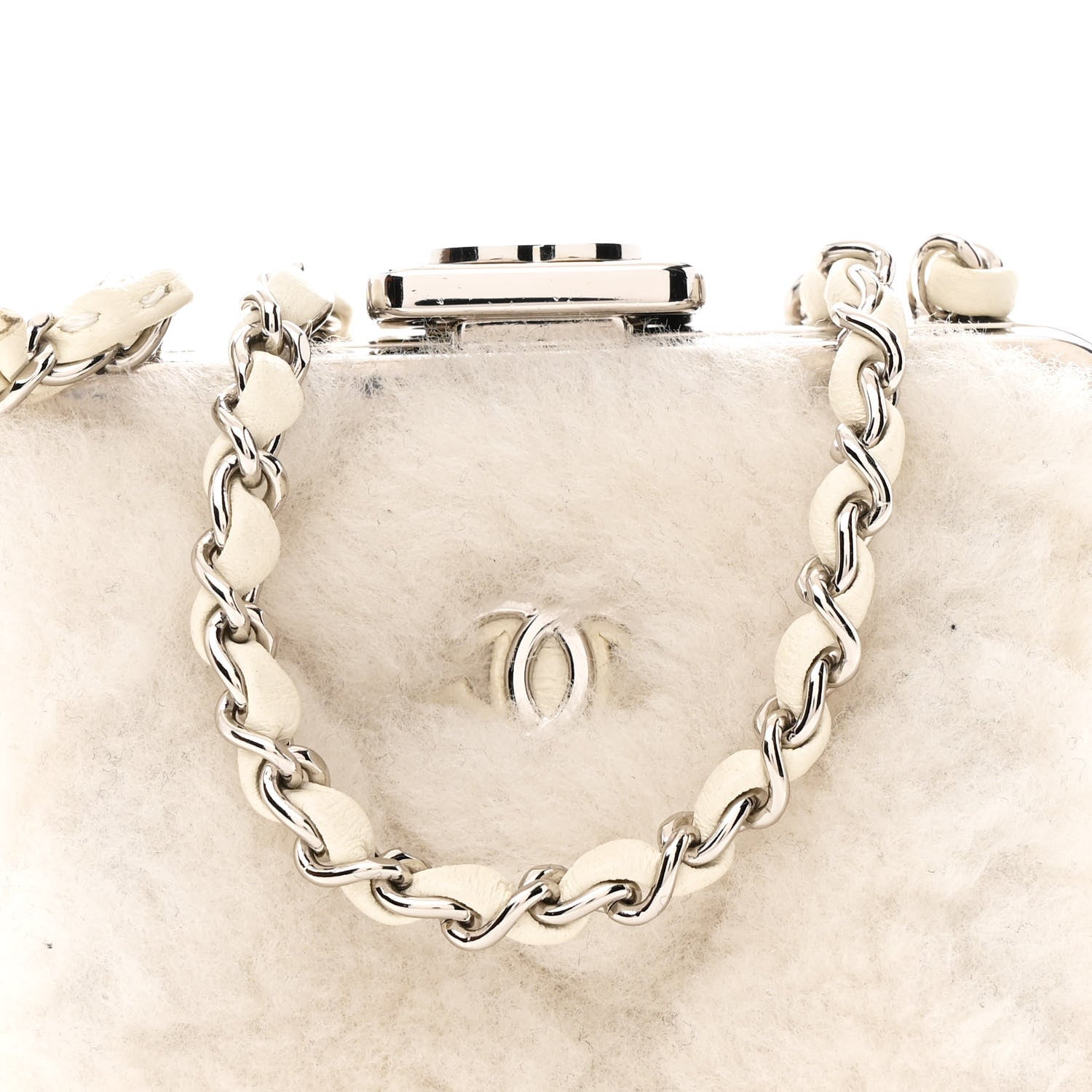 Chanel Shearling Sheepskin Lambskin Quilted Clutch With Chain White