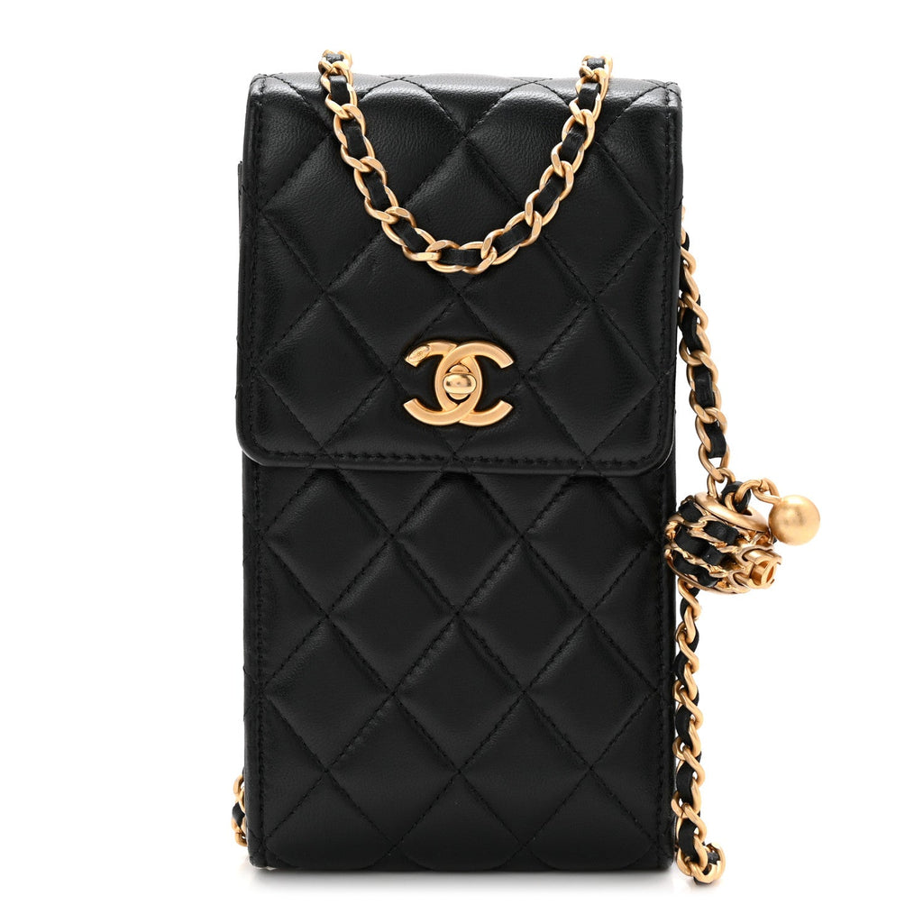 Lambskin Quilted Pearl Crush Phone Holder With Chain Black