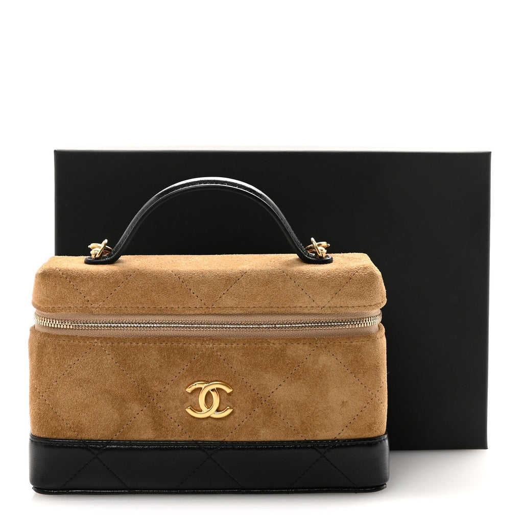 Chanel Suede Calfskin Shiny Lambskin Quilted Top Handle Slim Vanity Case With Chain Beige Black