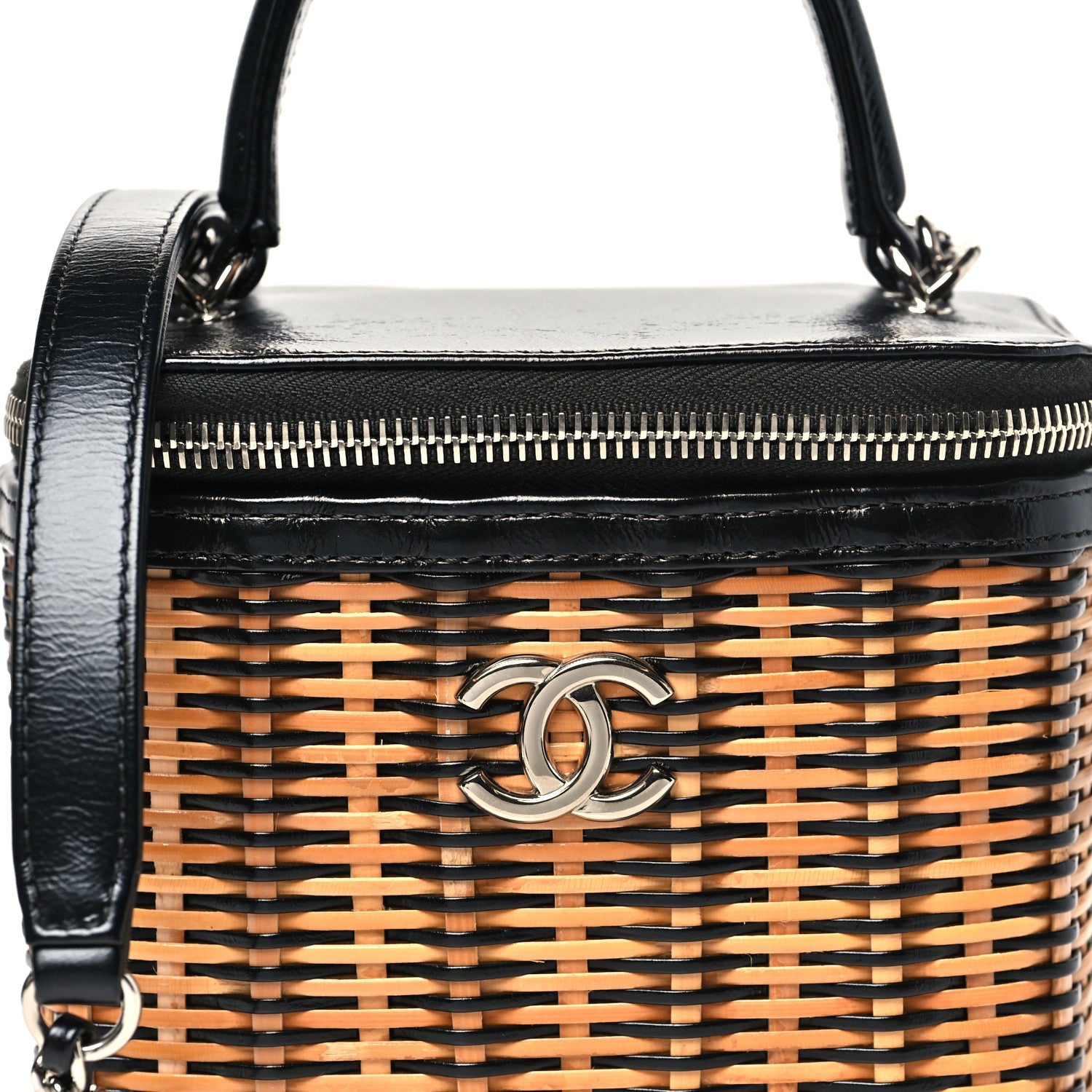 Chanel Calfskin Raffia Small Vanity Case Bag Black Beige