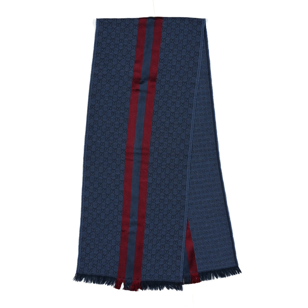 Gucci Wool Silk GG Monogram Web Verbiere Fringe Scarf Navy Blue