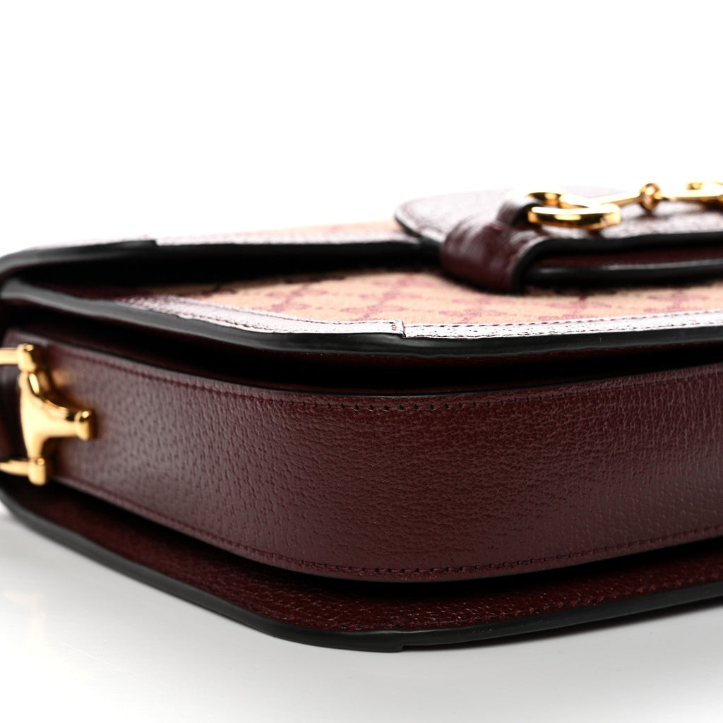 Gucci Monogram Textured Dollar Calfskin Horsebit 1955 Shoulder Bag Sahara Rubino Chardonnay