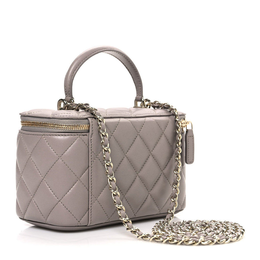Chanel Lambskin Quilted Small Top Handle Vanity Case With Chain Dark Grey