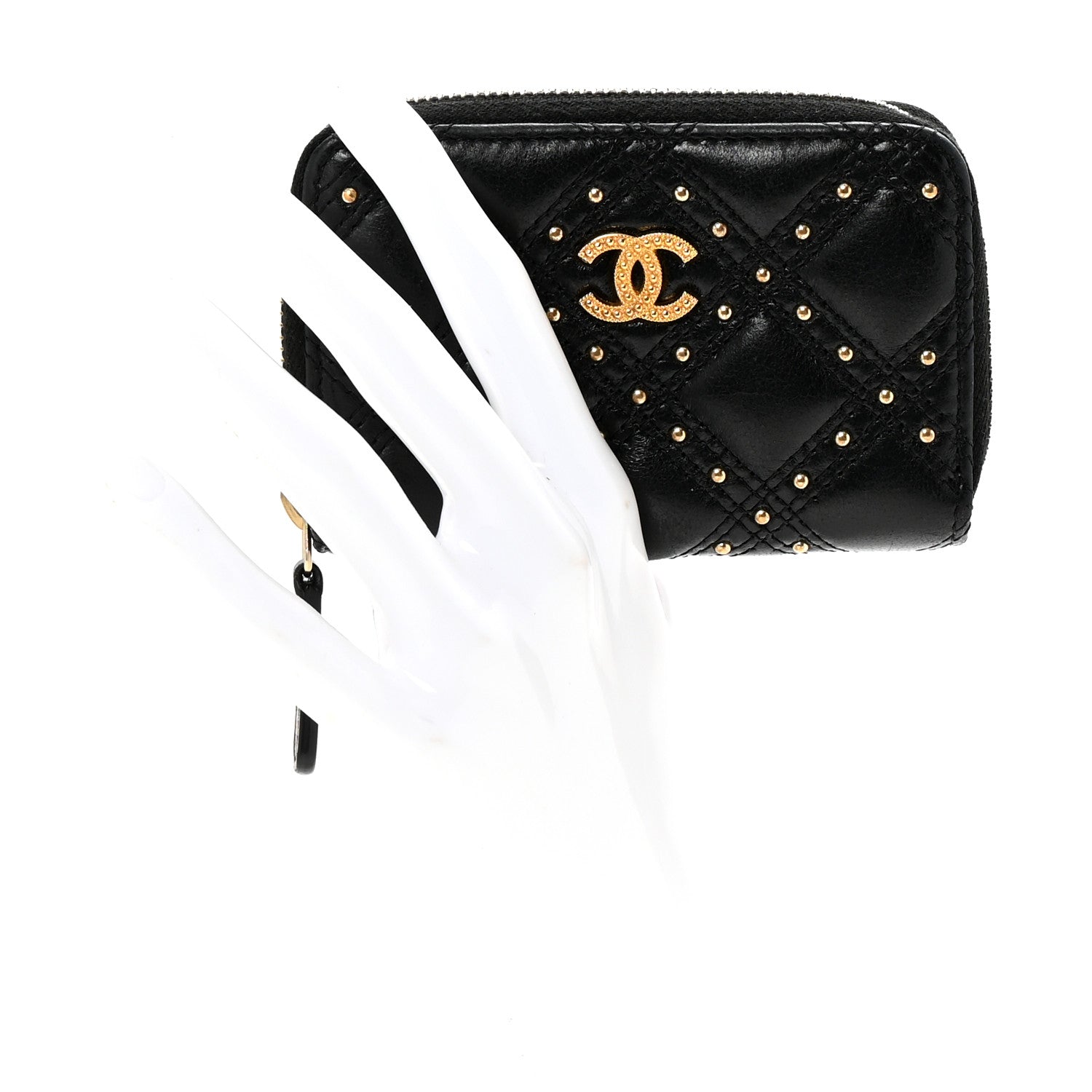 Lambskin Studded Quilted Compact Zip Around Wallet Black