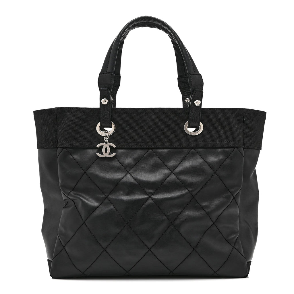 Chanel Coated Canvas Quilted Large Paris Biarritz Tote Black
