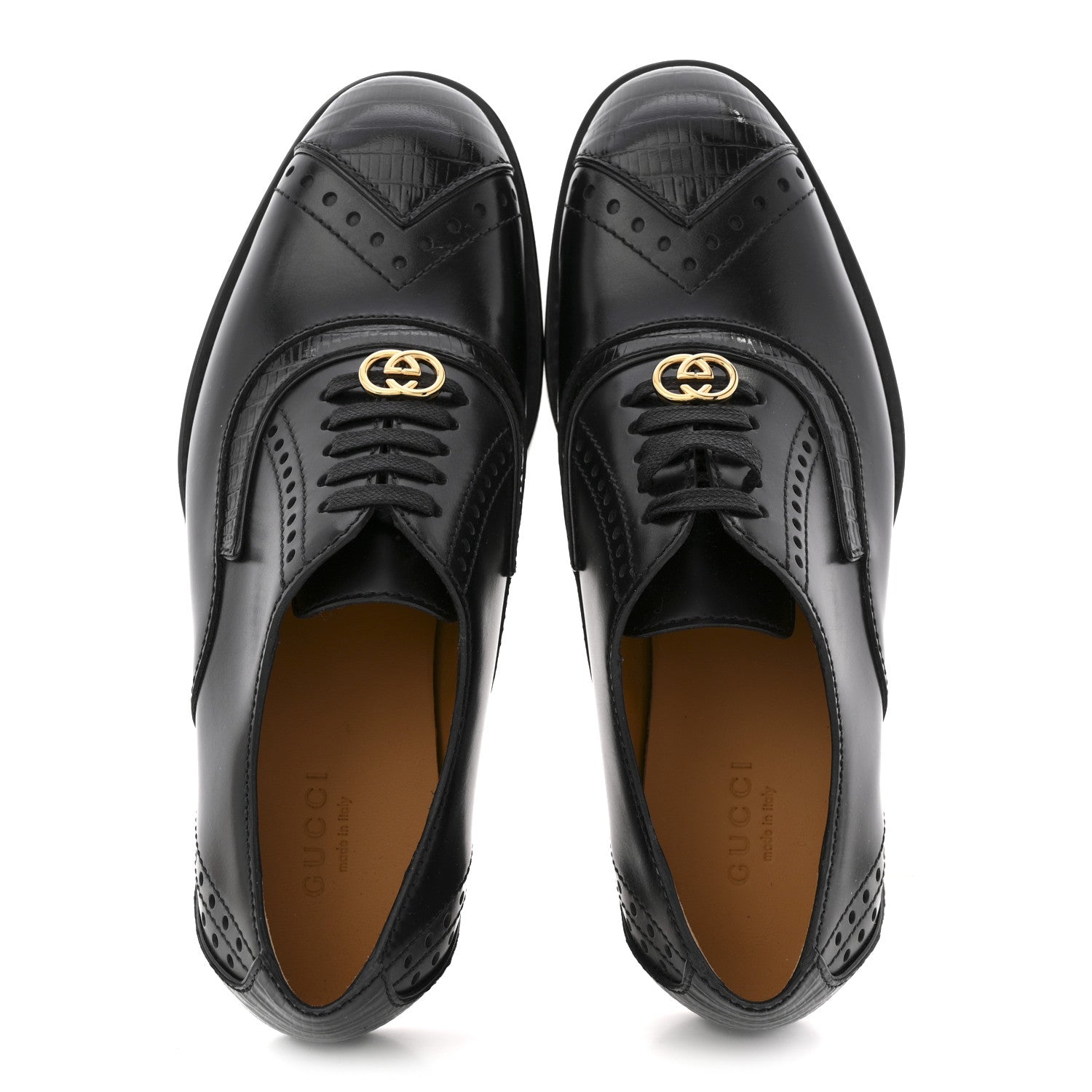 Gucci Glossy Calfskin Tejus Womens Lace Up Loafers 35 Black