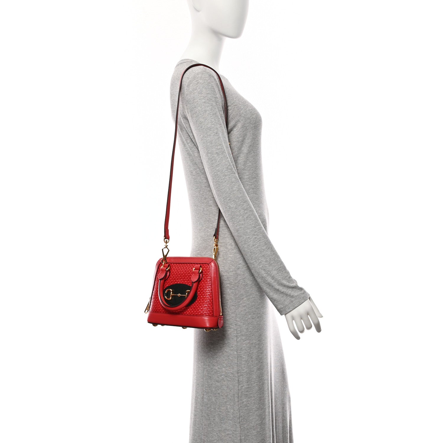 Gucci Straw Azalea Calfskin Woven Mini Horsebit 1955 Top Handle Bag Coral Wave Black