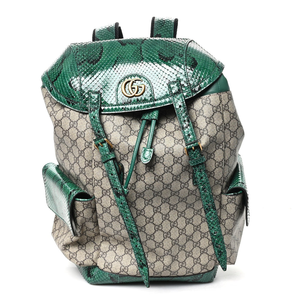 Gucci GG Supreme Monogram Snakeskin Ophidia Double Buckle Backpack Brown Green