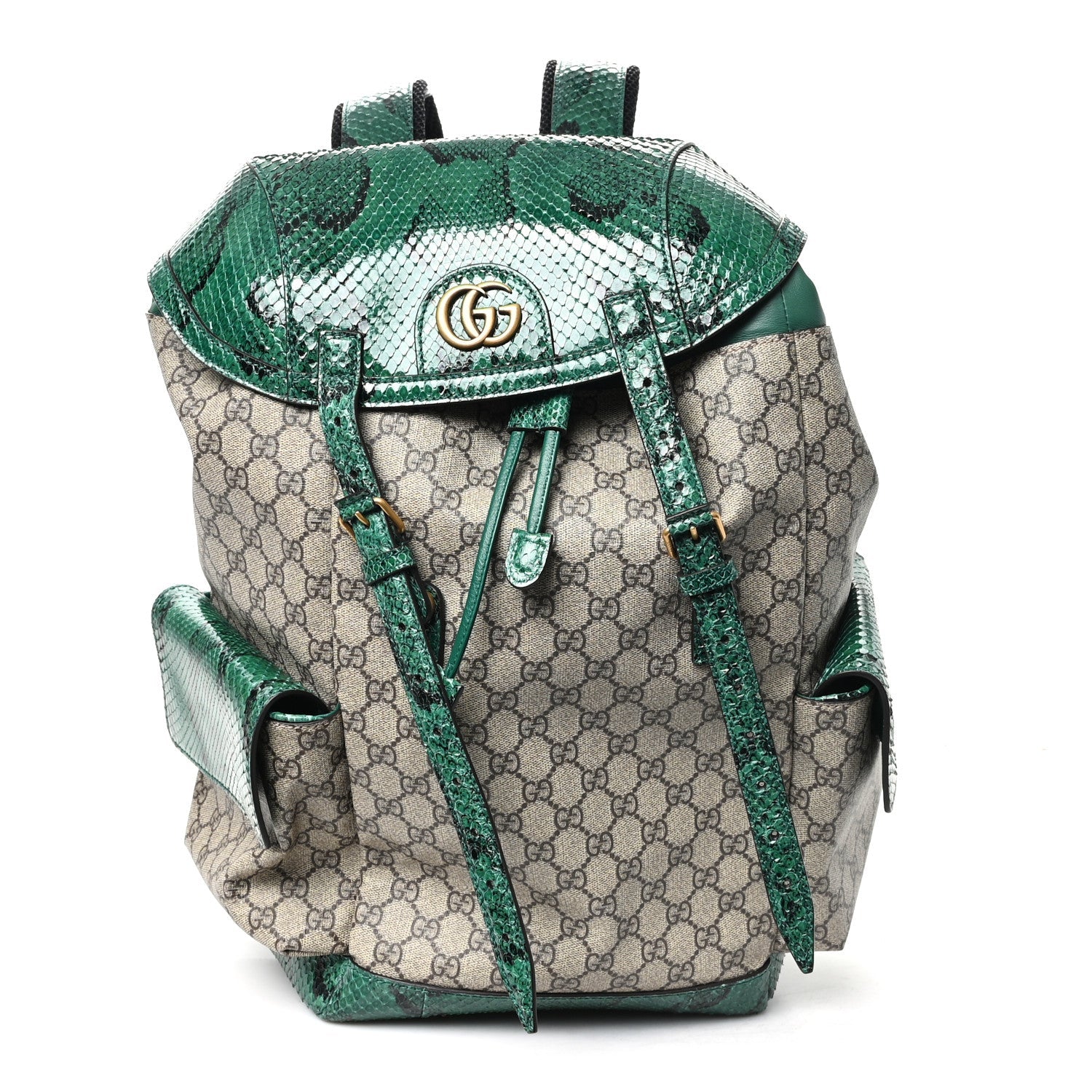 Gucci GG Supreme Monogram Snakeskin Ophidia Double Buckle Backpack Brown Green