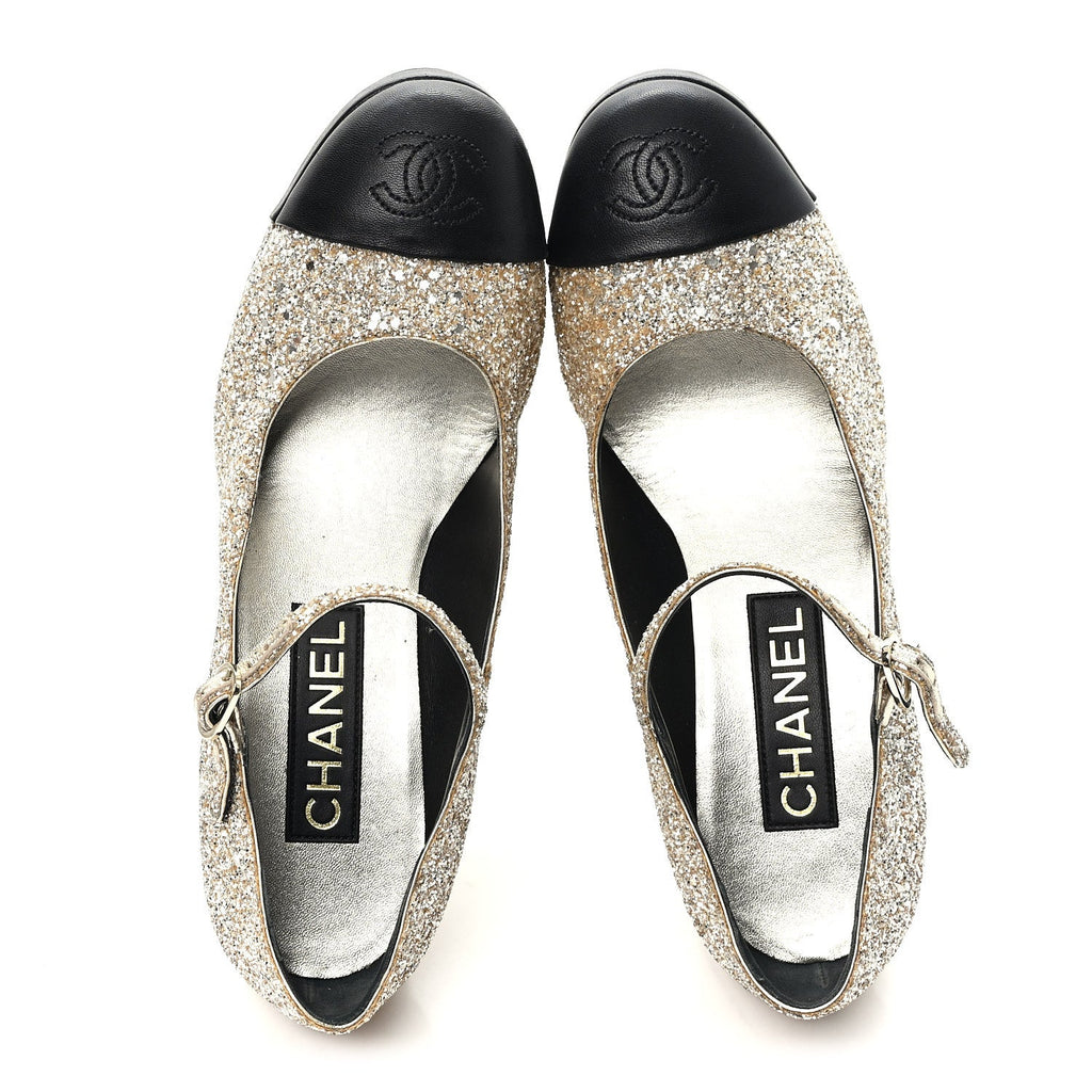 Glitter Lambskin Cap Toe CC Mary Jane Pumps 37.5 Light Gold Black