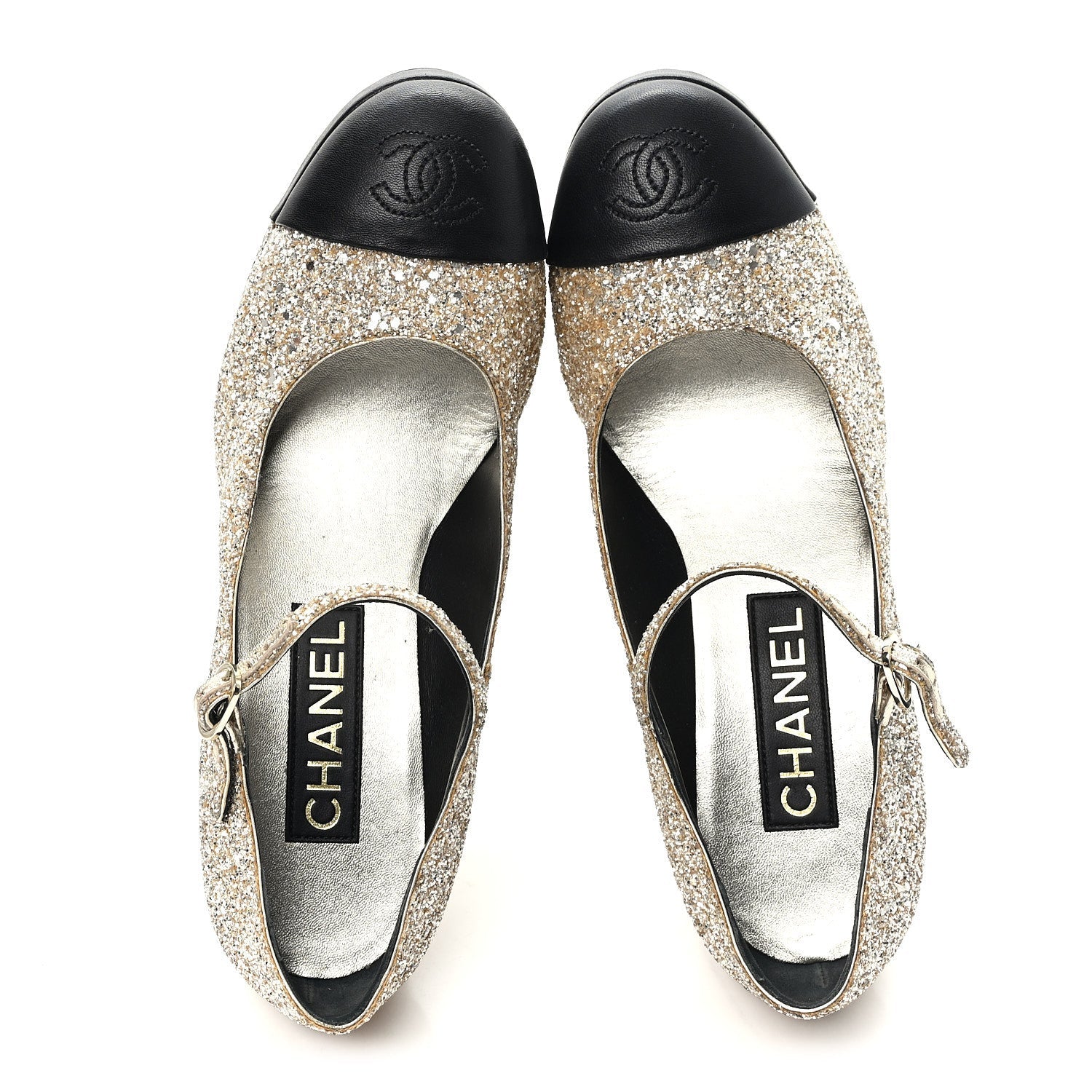 Glitter Lambskin Cap Toe CC Mary Jane Pumps 37.5 Light Gold Black