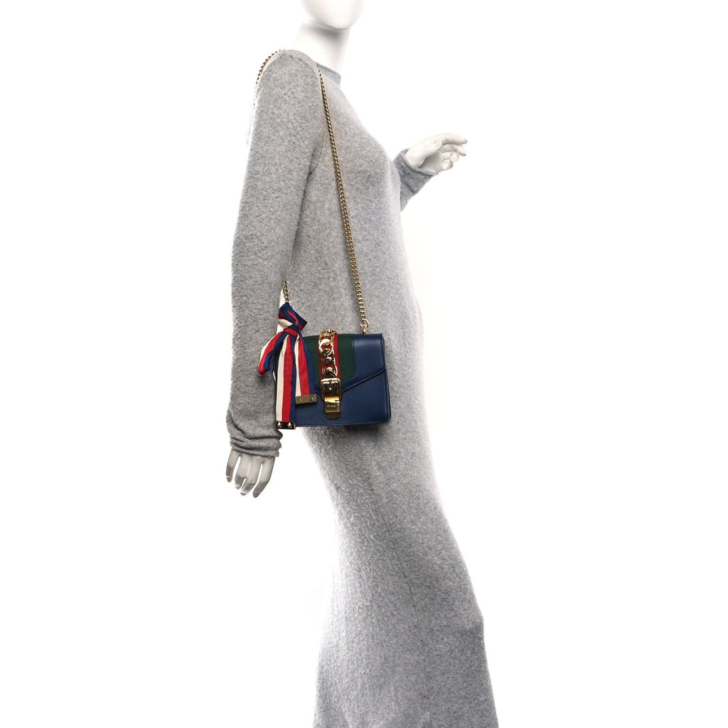 Gucci Calfskin Mini Sylvie Chain Shoulder Bag Blue Agata