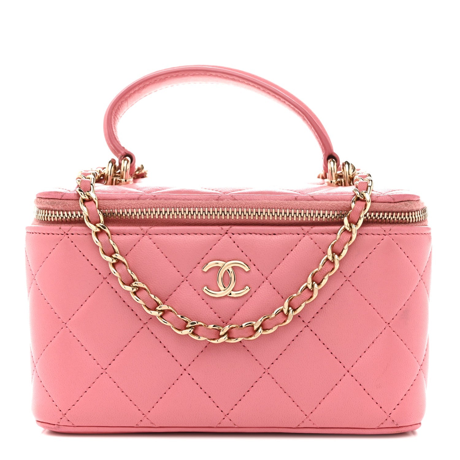 Chanel Lambskin Quilted Small Top Handle Vanity Case With Chain Pink