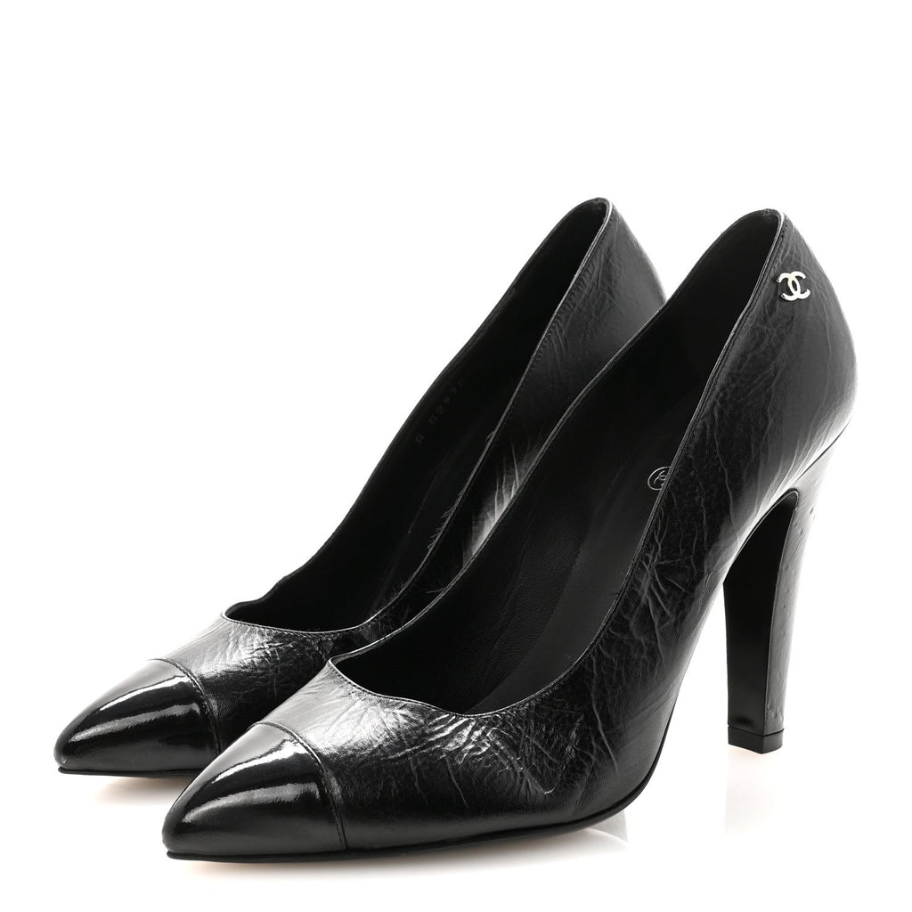 Crumpled Calfskin Cap Toe Pumps 39 Black