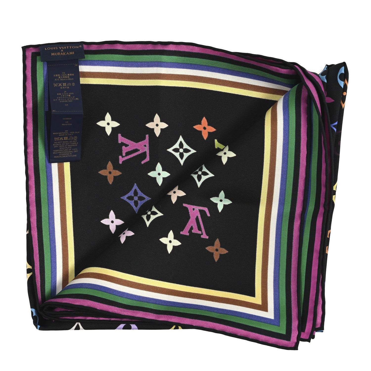 Louis Vuitton LV X TM Silk Monogram Multicolor Square 90 Scarf Black