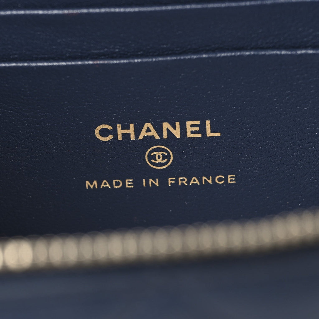 Chanel Lambskin Quilted Metal Small Top Handle Vanity Case With Chain Blue