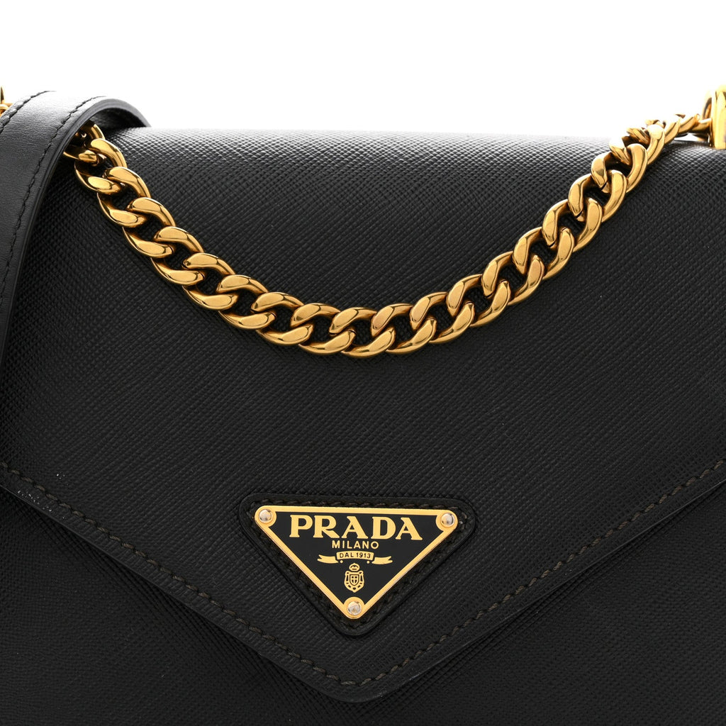 Prada Saffiano Soft Calfskin Metal Triangle Logo Envelope Chain Shoulder Bag Black