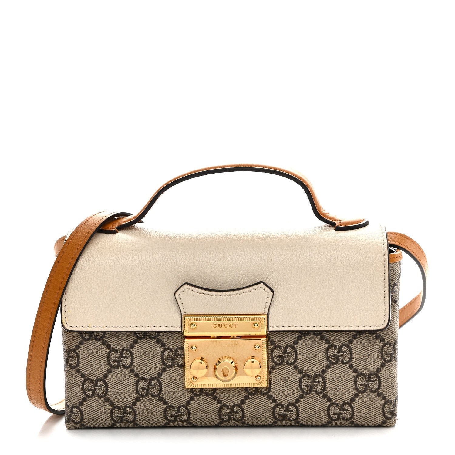 Gucci GG Supreme Monogram New Sakai Calfskin Mini Padlock Top Handle Shoulder Bag Beige Ebony Mystic White Sun Oil