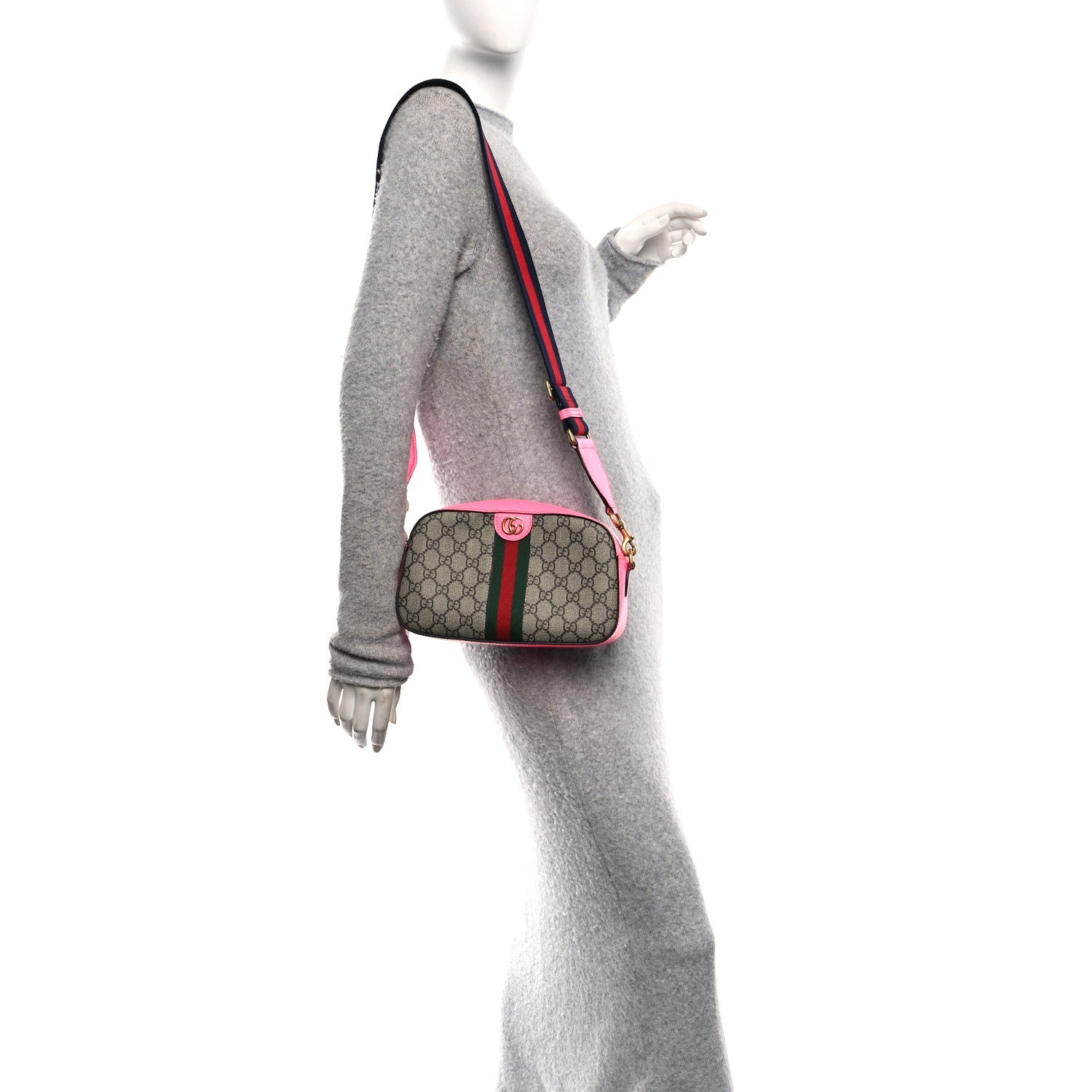 Gucci GG Supreme Monogram Textured Dollar Calfskin Web Ophidia Small Crossbody Bag Beige Ebony Fuchsia