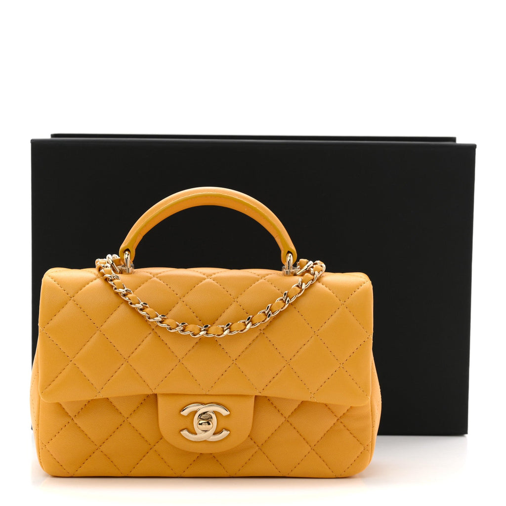Chanel Lambskin Quilted Mini Top Handle Rectangular Flap Yellow