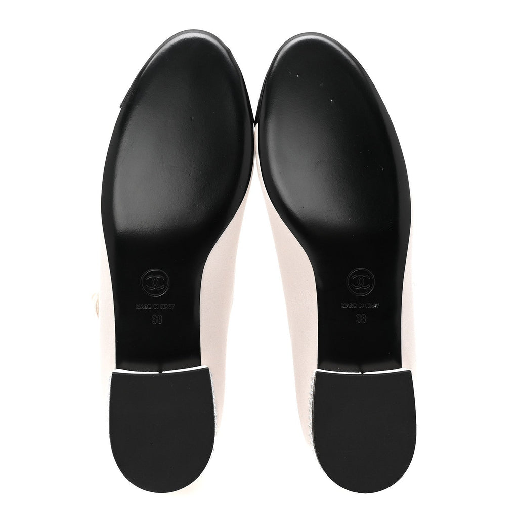 Chanel Strass Satin Grosgrain Mary Jane Flats 38 Ivory Black