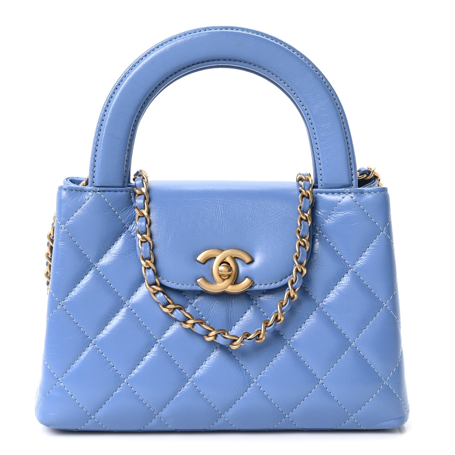 Chanel Shiny Aged Calfskin Quilted Nano Kelly Shopper Blue
