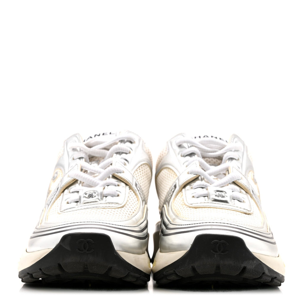Fabric Laminated Calfskin Stretch CC Womens Sneakers 36 White Silver