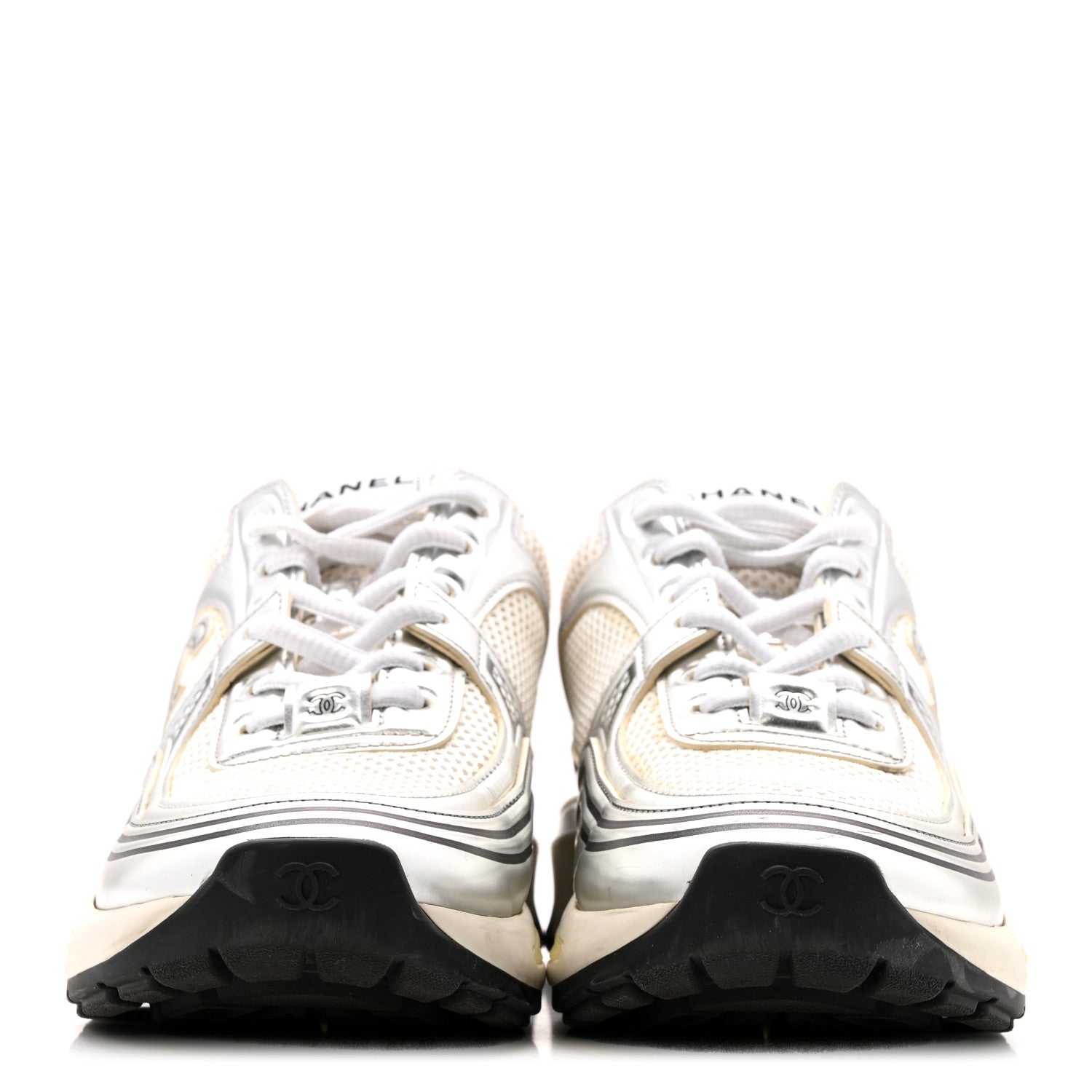 Fabric Laminated Calfskin Stretch CC Womens Sneakers 36 White Silver
