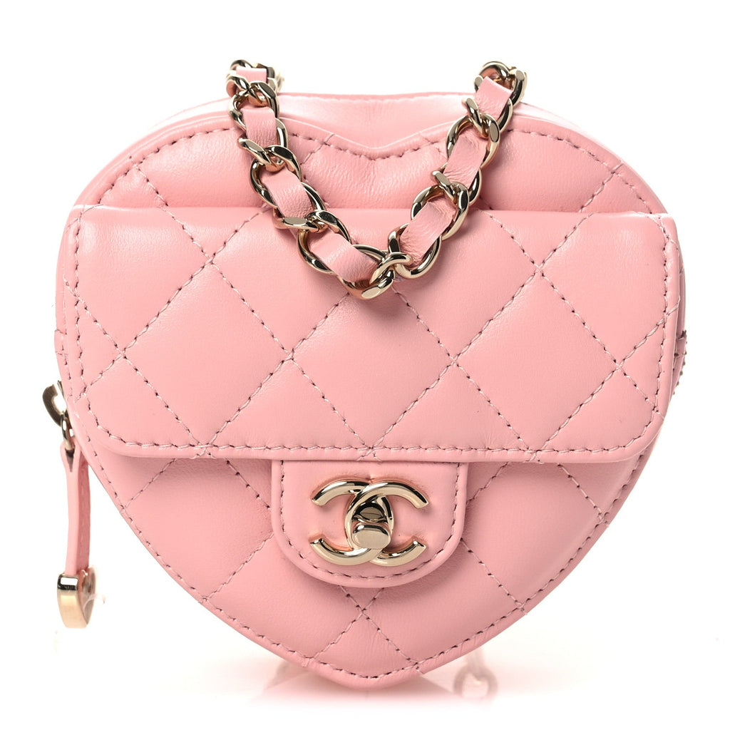 Chanel Lambskin Quilted CC In Love Heart Waist Belt Bag With Chain Light Pink
