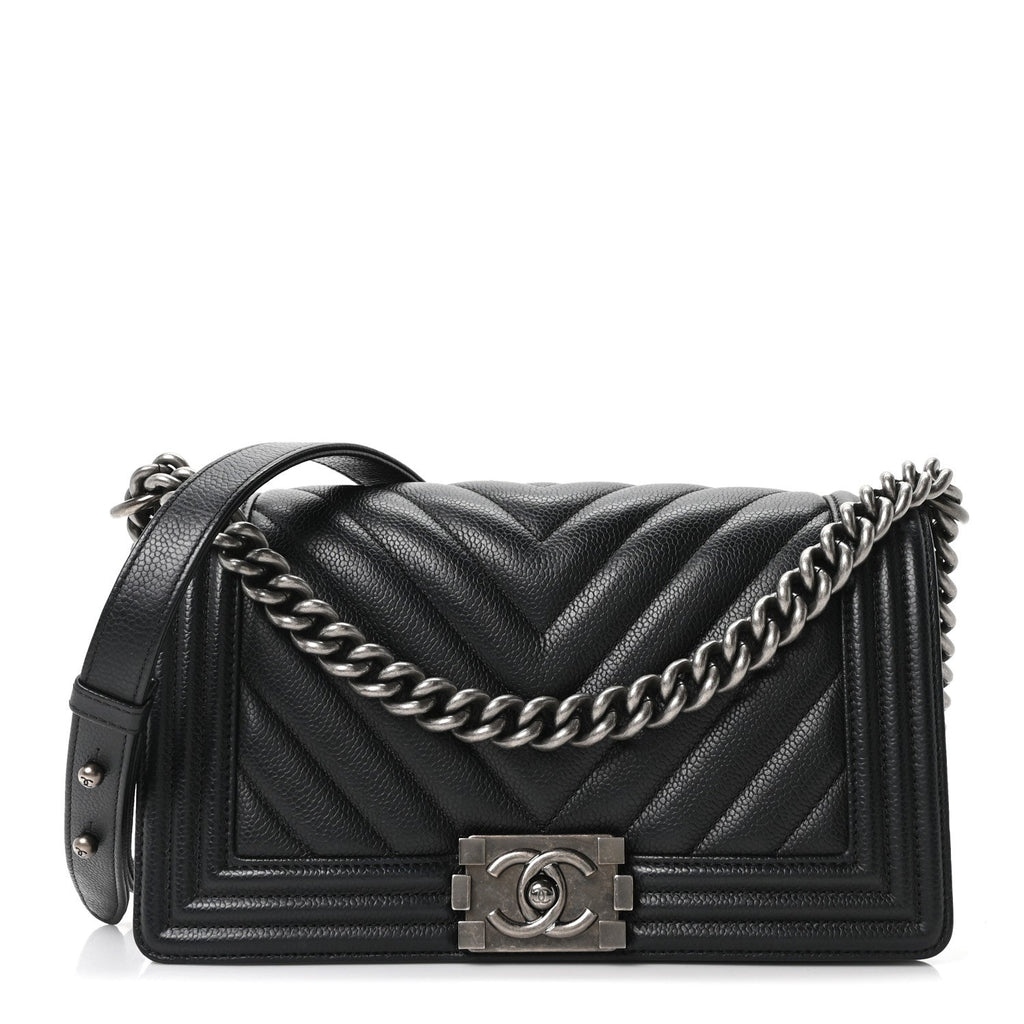 Chanel Caviar Chevron Quilted Medium Boy Flap Black