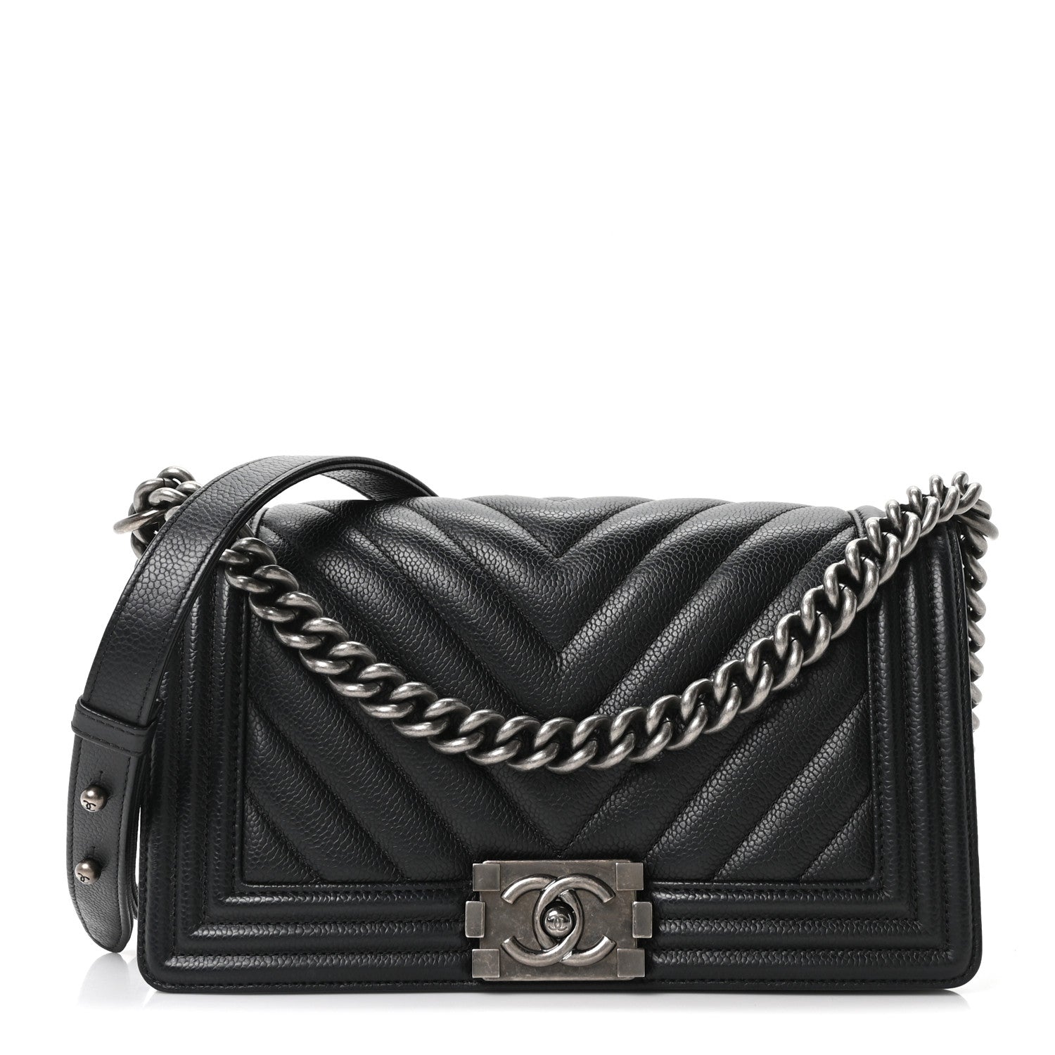 Chanel Caviar Chevron Quilted Medium Boy Flap Black
