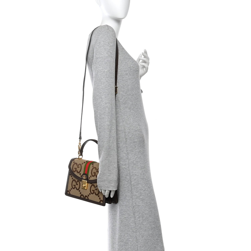 Gucci Monogram Jumbo GG Textured Dollar Calfskin Web Small Ophidia Padlock Top Handle Bag Camel Ebony New Acero