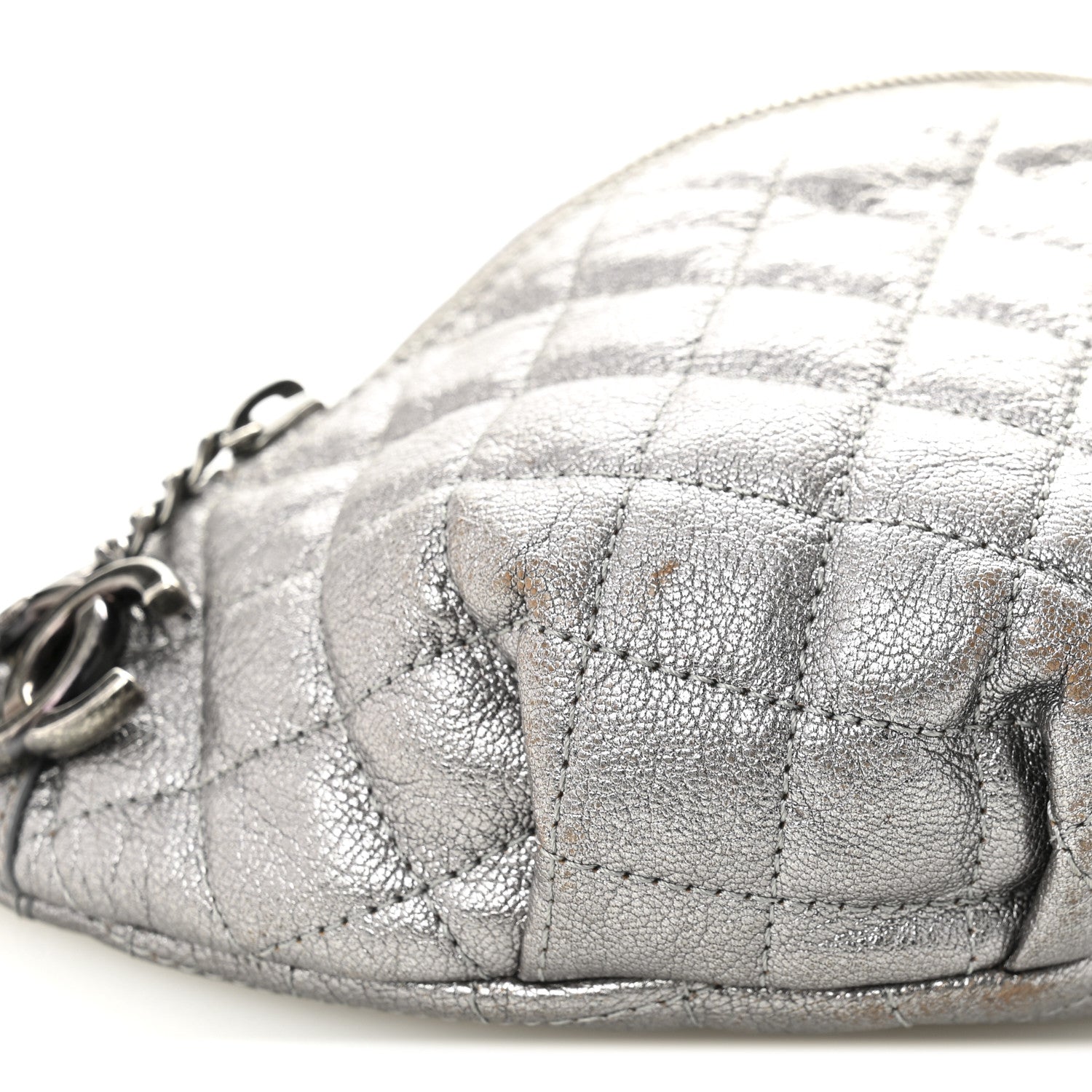 Chanel Metallic Calfskin Quilted Banane Waist Bag Fanny Pack Dark Silver