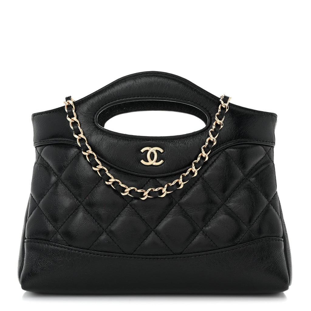 Chanel Shiny Crumpled Calfskin Quilted Nano 31 Shopping Bag Black