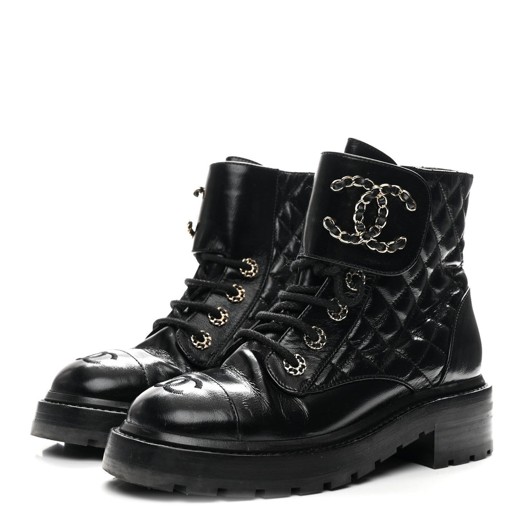 Chanel Shiny Calfskin Quilted Lace Up Combat Boots 36 Black