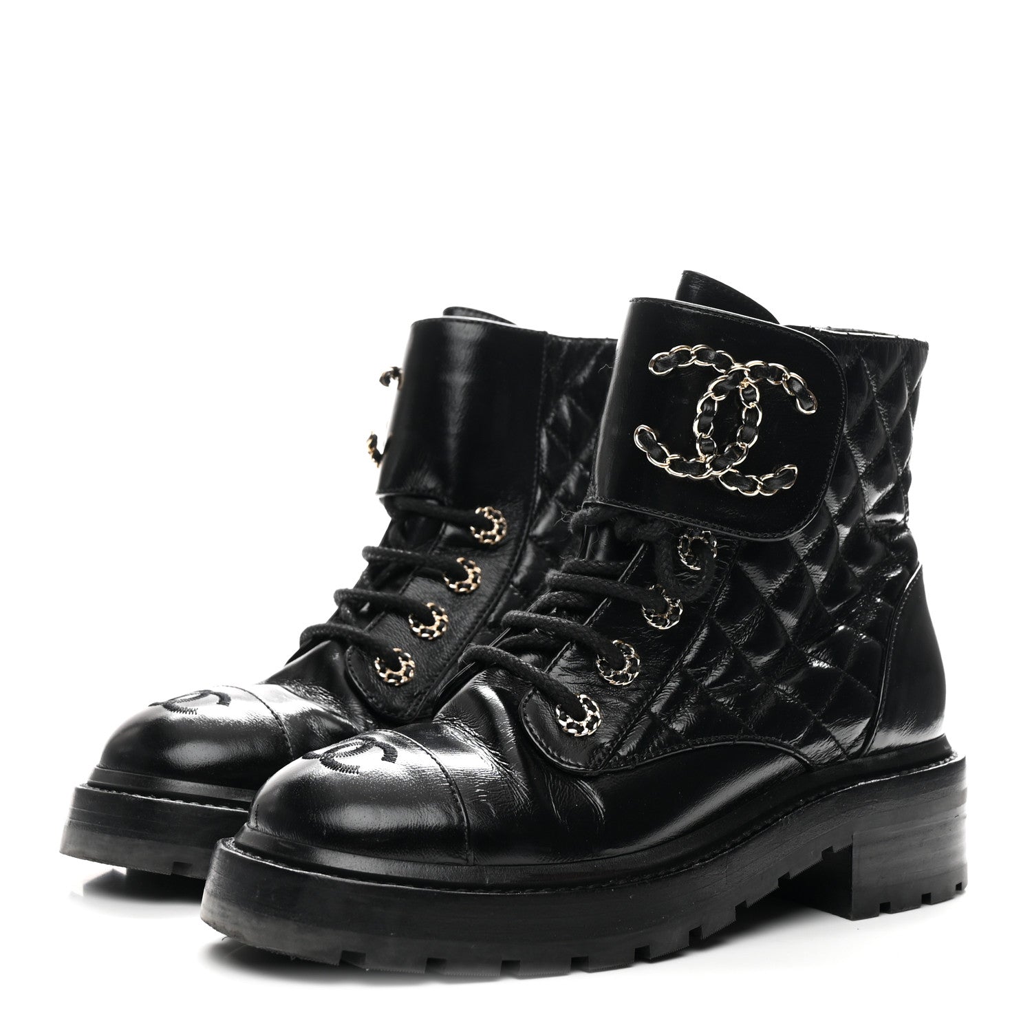 Chanel Shiny Calfskin Quilted Lace Up Combat Boots 36 Black