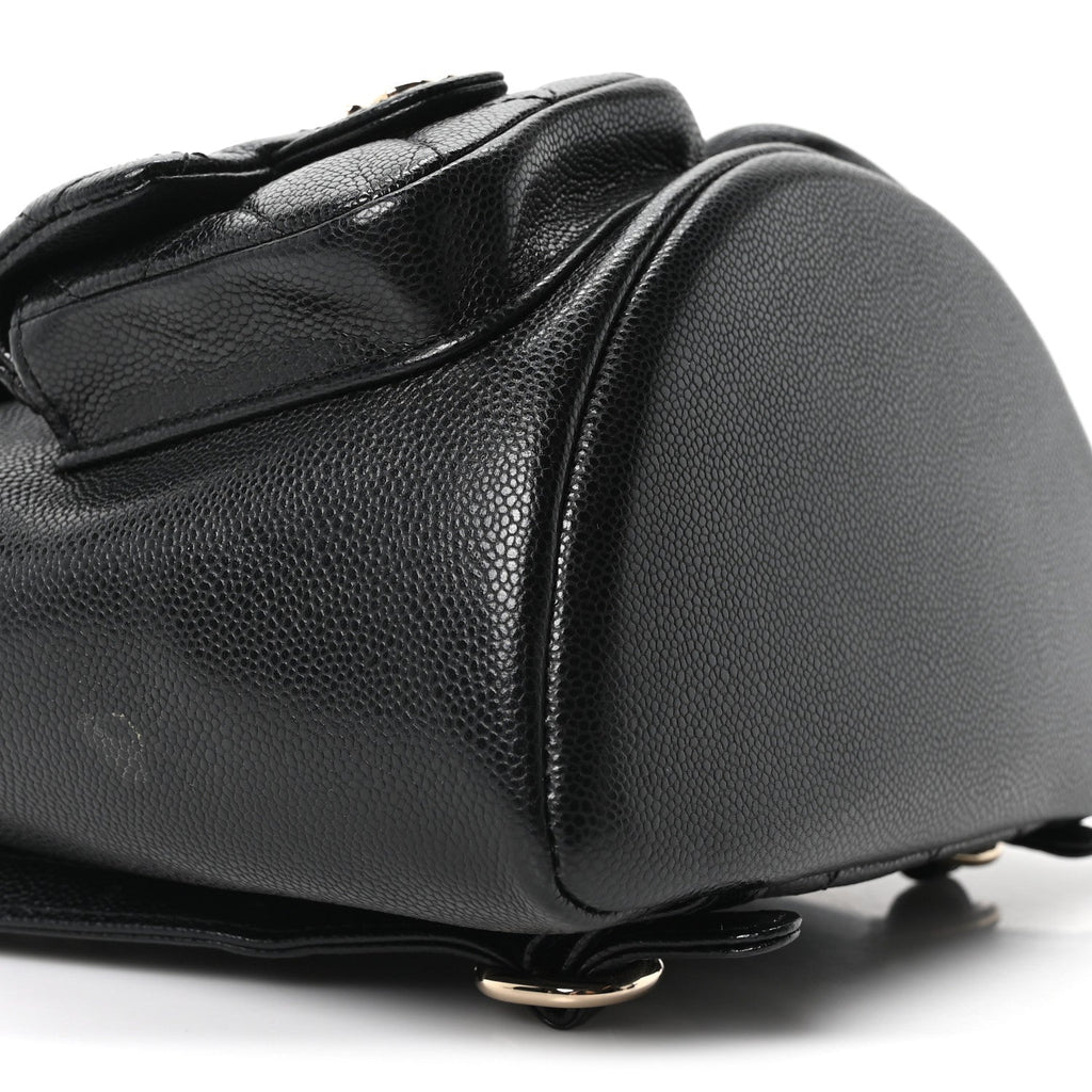 Chanel Shiny Caviar Quilted Medium Duma Pockets Drawstring Backpack Black