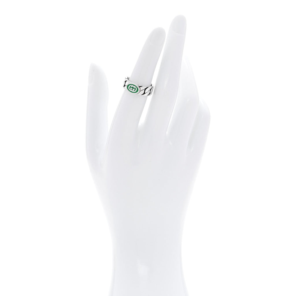 Gucci Sterling Silver Enamel Interlocking G Chain Ring 51 5.75 Green