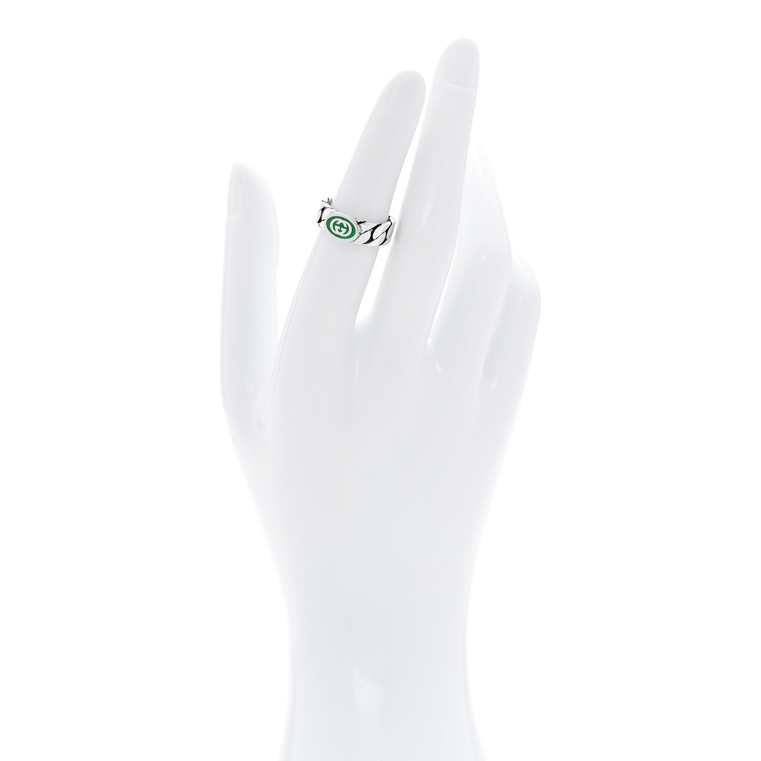 Gucci Sterling Silver Enamel Interlocking G Chain Ring 51 5.75 Green