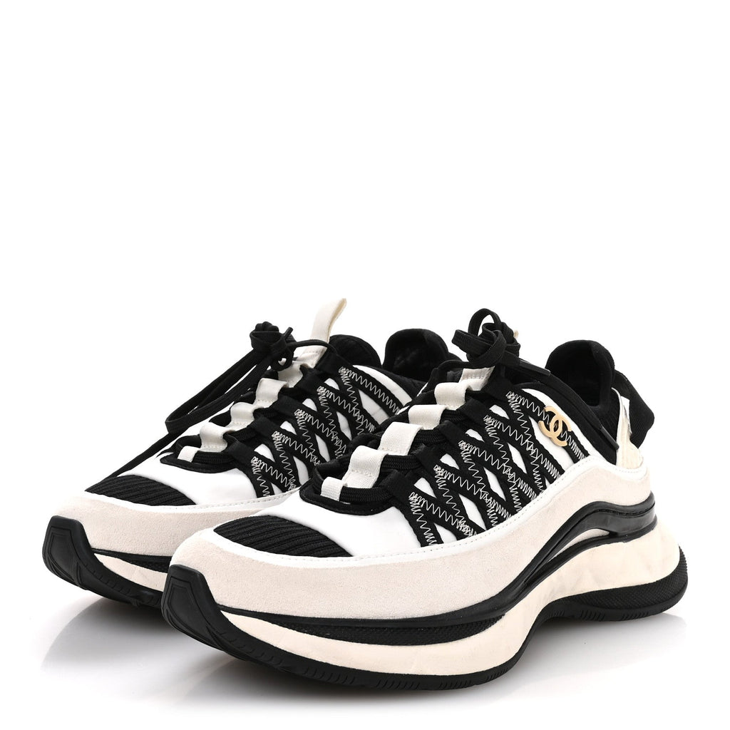 Fabric Suede Calfskin Sneakers 38 White Black