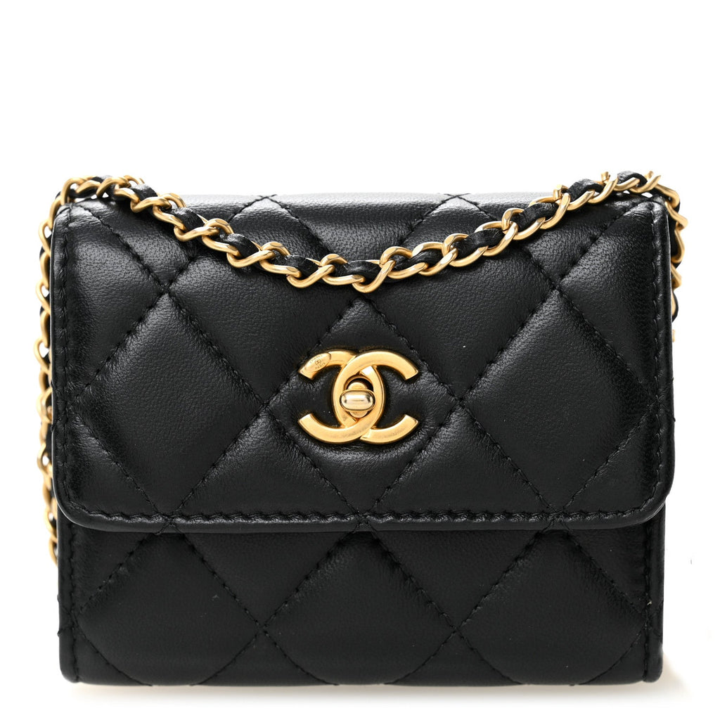 Chanel Lambskin Quilted Pearl Crush Card Holder With Chain Black